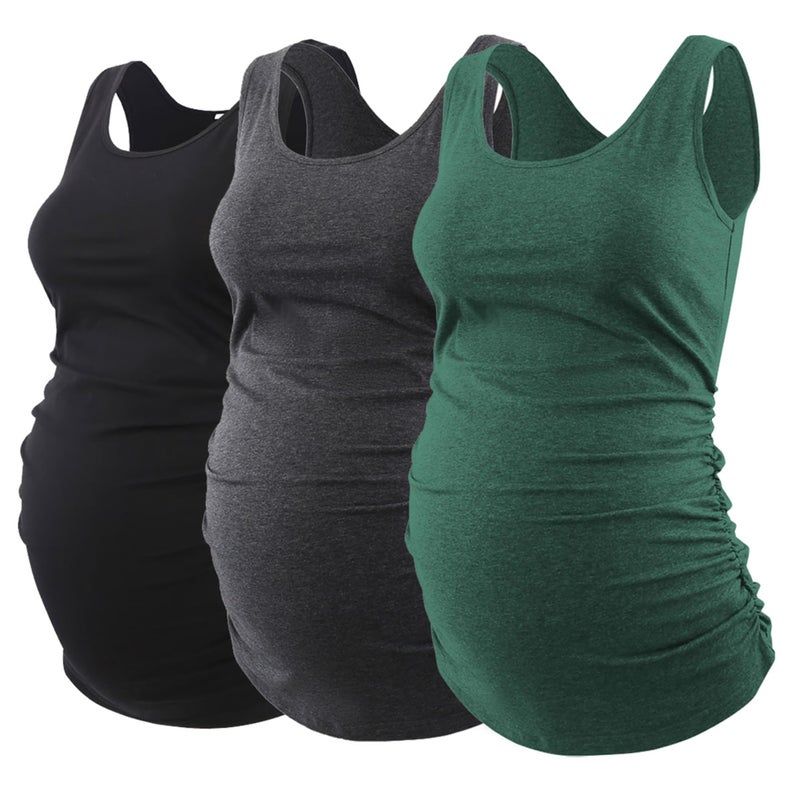 Ecavus 3PCS Womens Layering Maternity Tank Top Pregnancy Shirt Scoop Neck Sleeveless Ruched Vest (L, Black/Dark Grey/Hunterbr) - Image 1